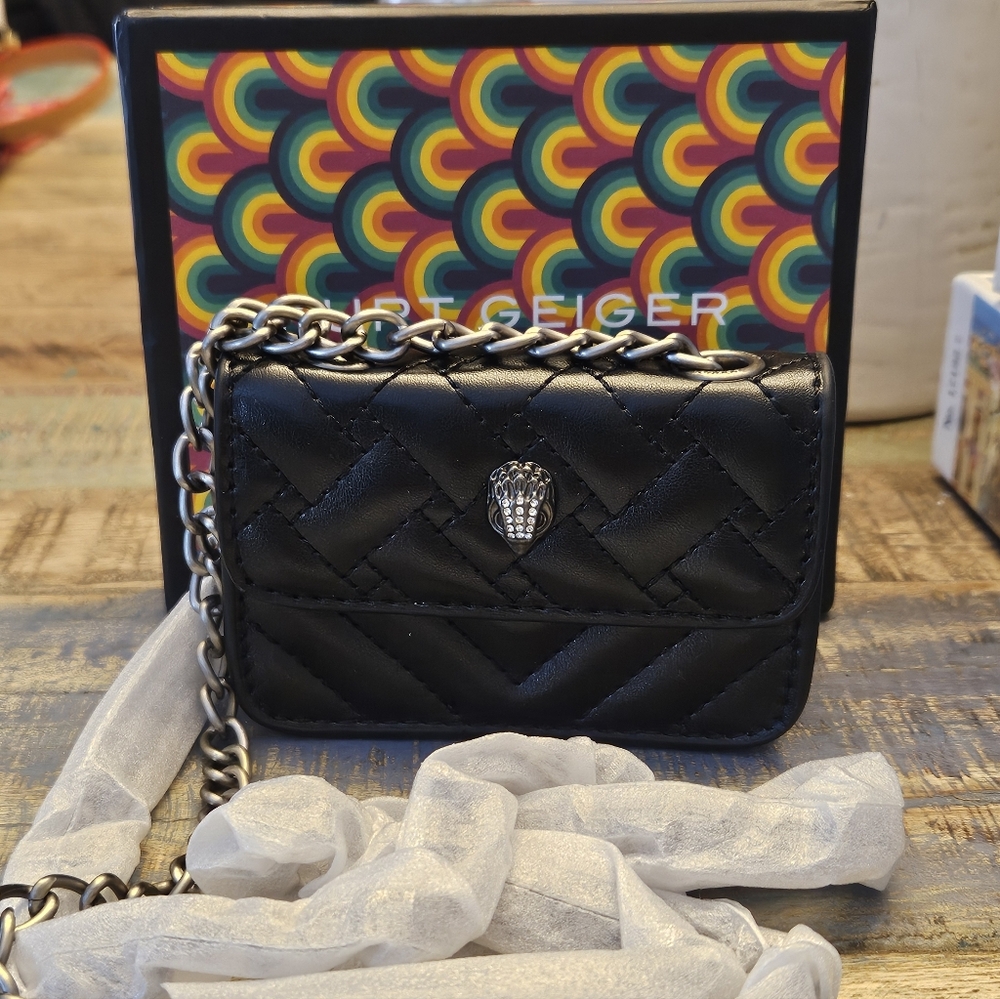 Kurt Geiger Black Quilted Mini Bag with Silver Chain